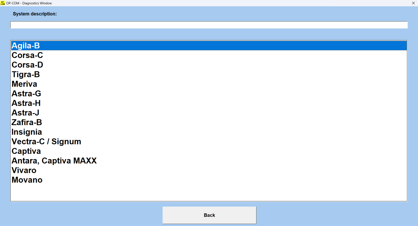 Screenshot 2026-05-20 113526 - speedXperts OP-COM Diagnostics window with a 'System description' field and a vertical list of vehicle models (Agila-B, Corsa-C, Corsa-D, Tigra-B, Meriva, Astra-G/H/J, Zafira-B, Insignia, Vectra-C/Signum, Captiva, Antara, Captiva MAXX, Vivaro, Movano).