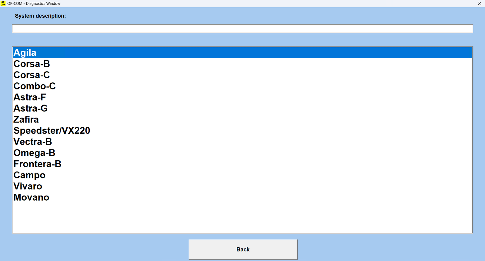 Screenshot 2026-05-20 113719 - speedXperts OP-COM Diagnostics window showing a system description field and a long list of Opel/Vauxhall models (Agila, Corsa, Astra, Zafira, etc.).