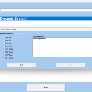 Screenshot 2026-05-20 113812 - speedXperts OP-COM Diagnostics window for ABS/TC/ESP: left shows diagnostic connector with Pin #3/7/8/12 and various CAN options; right shows Interface status 'Checking Interface...'; Back and Next buttons at bottom.