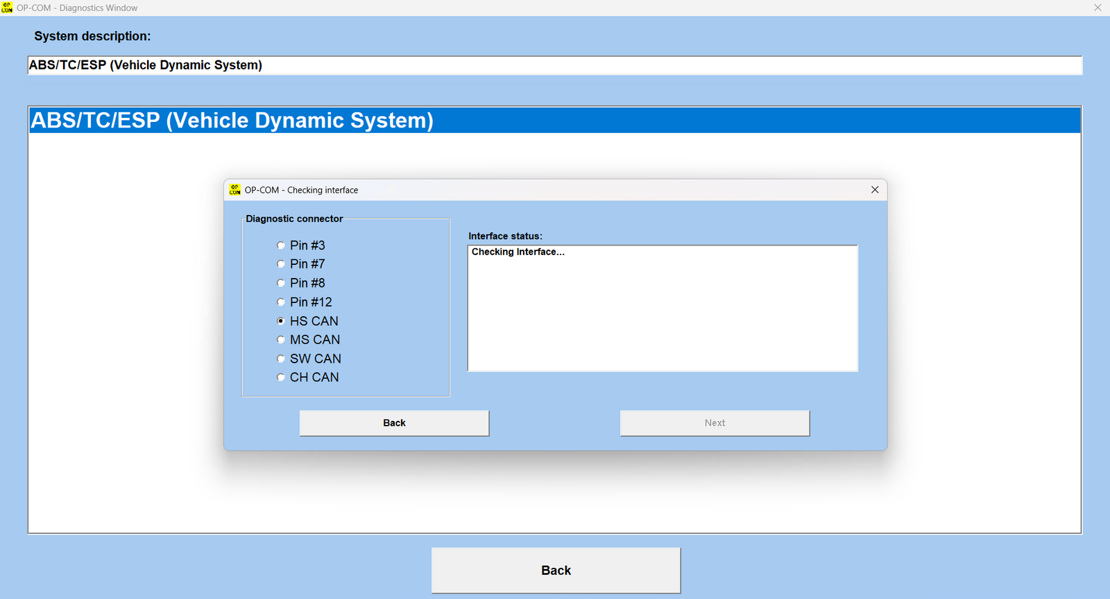 Screenshot 2026-05-20 113812 - speedXperts OP-COM Diagnostics window for ABS/TC/ESP: left shows diagnostic connector with Pin #3/7/8/12 and various CAN options; right shows Interface status 'Checking Interface...'; Back and Next buttons at bottom.