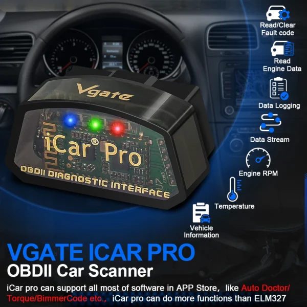 Vgate iCar Pro ELM327 V2.3 OBD2 Scanner – Bluetooth 4.0 / WiFi / BT3.0 | For iOS & Android - immagine 2
