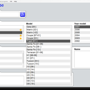 Diagnostic tool UI showing Hyundai Trajet 2007 selection with brand, model, year, and system options.