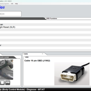 Screen displays Delphi DS Cars CDP diagnostic software with a vehicle-system tree (System Scan, SLR, Petrol, Diesel, Brake, Instrument, Climate, Gearbox, Immobiliser, Restraints, TPMS) and a 16‑pin OBD cable image on the right side.