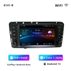 In-dash car stereo with a touchscreen showing multimedia UI; supports CarPlay/Android Auto, 2GB RAM 64GB storage, quad-core 1.3GHz, Android 13.