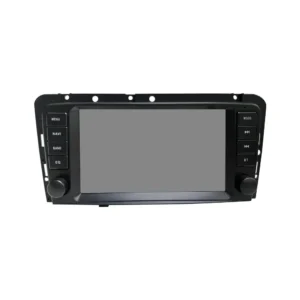Car stereo head unit with a wide central touchscreen and side control buttons on both sides