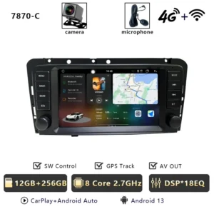 7870-C car stereo head unit with camera and microphone icons, showing GPS navigation and media apps.