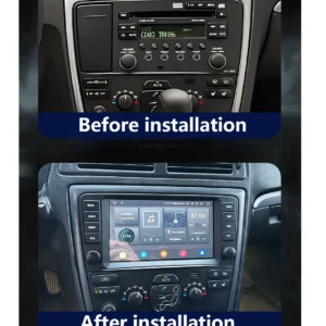 Before installation: old car stereo shown; After installation: updated touchscreen infotainment system in the dashboard.