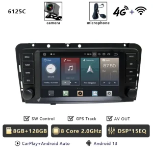 In-car Android head unit with a large touchscreen and side buttons; features CarPlay/Android Auto, GPS, AV out, 8GB RAM + 128GB storage, octa-core 2.0GHz, DSP 15‑band EQ, plus 4G and Wi‑Fi.