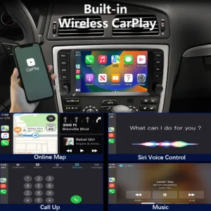 CarPlay-enabled car stereo with iPhone displaying CarPlay and map/music apps on dashboard screen, plus four app demos below (Online Map, Siri, Call, Music).