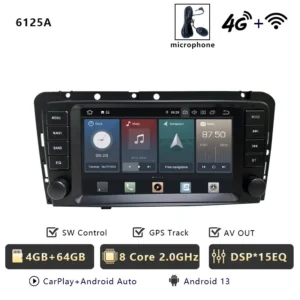 In-dash car infotainment head unit with a large touchscreen showing music, navigation and apps; physical side buttons visible.