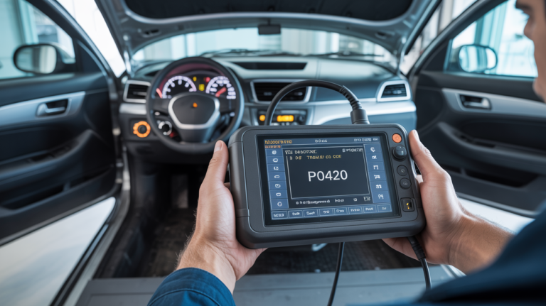 Technician holding an OBD diagnostic scanner inside a car with the hood up; screen shows code P0420.