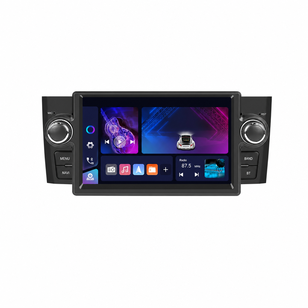 nedlasting 9 - speedXperts In-car touchscreen infotainment head unit showing music, navigation and radio apps with side control panels on both ends