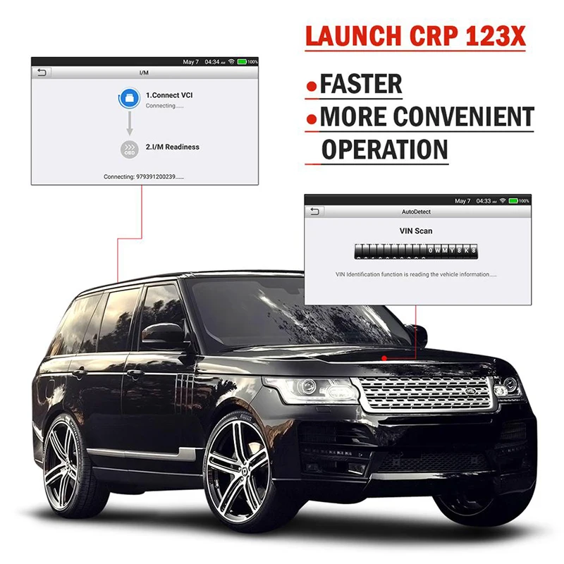 H09a3258d874e4ee49556a0b443e2bde4zwebp - speedXperts Black SUV with red connection lines to inset app screenshots, promoting Launch CRP 123X as faster and more convenient to diagnose vehicles (VIN scan and VCI connection shown).