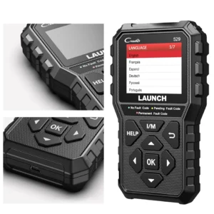 Rugged handheld vehicle diagnostic scanner displaying language menu on screen.