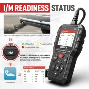 H85cf738b1dad43aa995ab5ffae084d57swebp - speedXperts Handheld diagnostic scanner showing I/M READINESS on its screen beside a car exhaust graphic, indicating emission readiness.