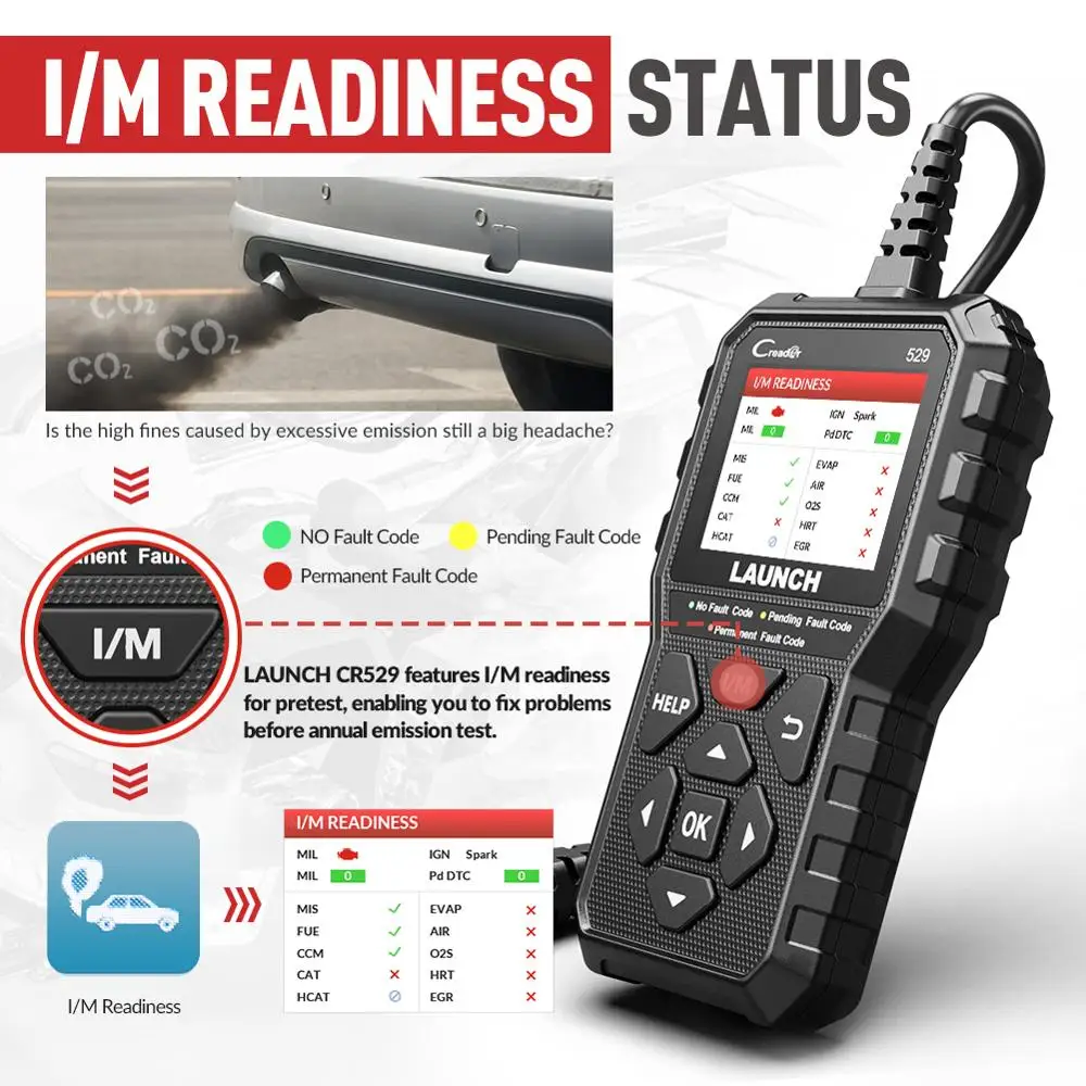 H85cf738b1dad43aa995ab5ffae084d57swebp - speedXperts Handheld diagnostic scanner showing I/M READINESS on its screen beside a car exhaust graphic, indicating emission readiness.