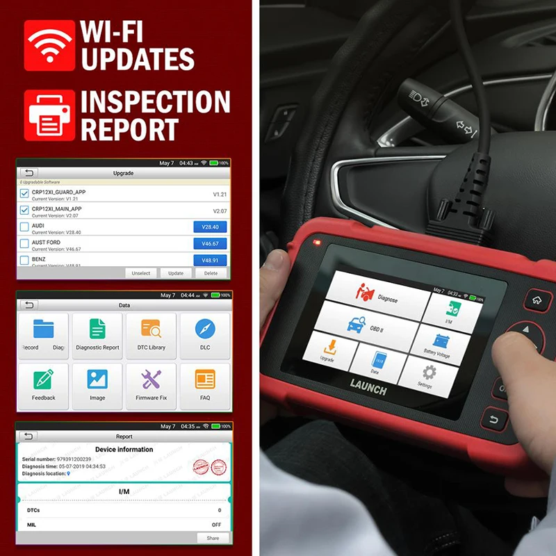 H8bb031bd6aba49a4a0467048b853e0a60webp - speedXperts Handheld car diagnostic tablet showing diagnostic options and inspection reports next to a wired OBD scanner in a red case in a vehicle interior