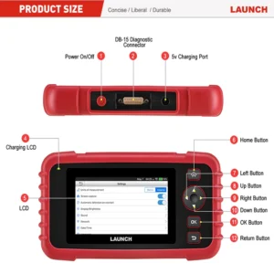 H9e7c1ba5b65f46149d588d2ebaff9fcamwebp - speedXperts Red handheld Launch diagnostic scanner with LCD screen and labeled controls (Power, DB-15, 5V, Home, navigation pad, OK, Return).