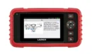Dispositivo de diagnóstico portátil, de color rojo y de diseño resistente, con una pantalla central en la que se muestran un esquema del salpicadero de un coche e instrucciones; la marca 'LAUNCH' es visible en el bisel inferior.