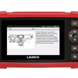 Red rugged handheld diagnostic device with a central screen showing a car panel diagram and instructions; brand 'LAUNCH' visible on the bottom bezel.