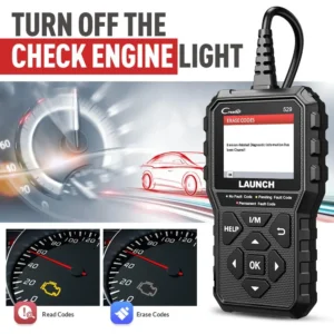 Handheld OBD diagnostic device with 'Erase Codes' on screen, beside a speeding car illustration and bold text 'TURN OFF THE CHECK ENGINE LIGHT'.