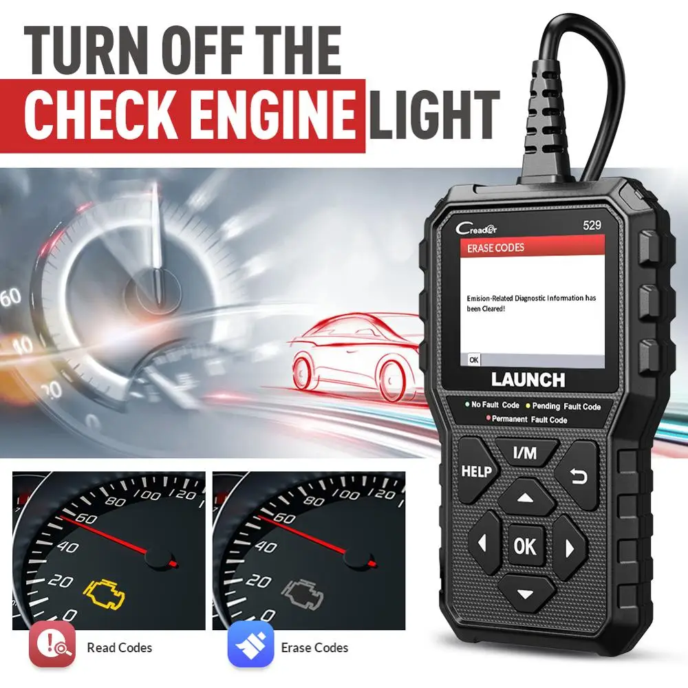 Hb62f0e0175ad45e49dadbbee4b4acba8owebp - speedXperts Handheld OBD diagnostic device with 'Erase Codes' on screen, beside a speeding car illustration and bold text 'TURN OFF THE CHECK ENGINE LIGHT'.