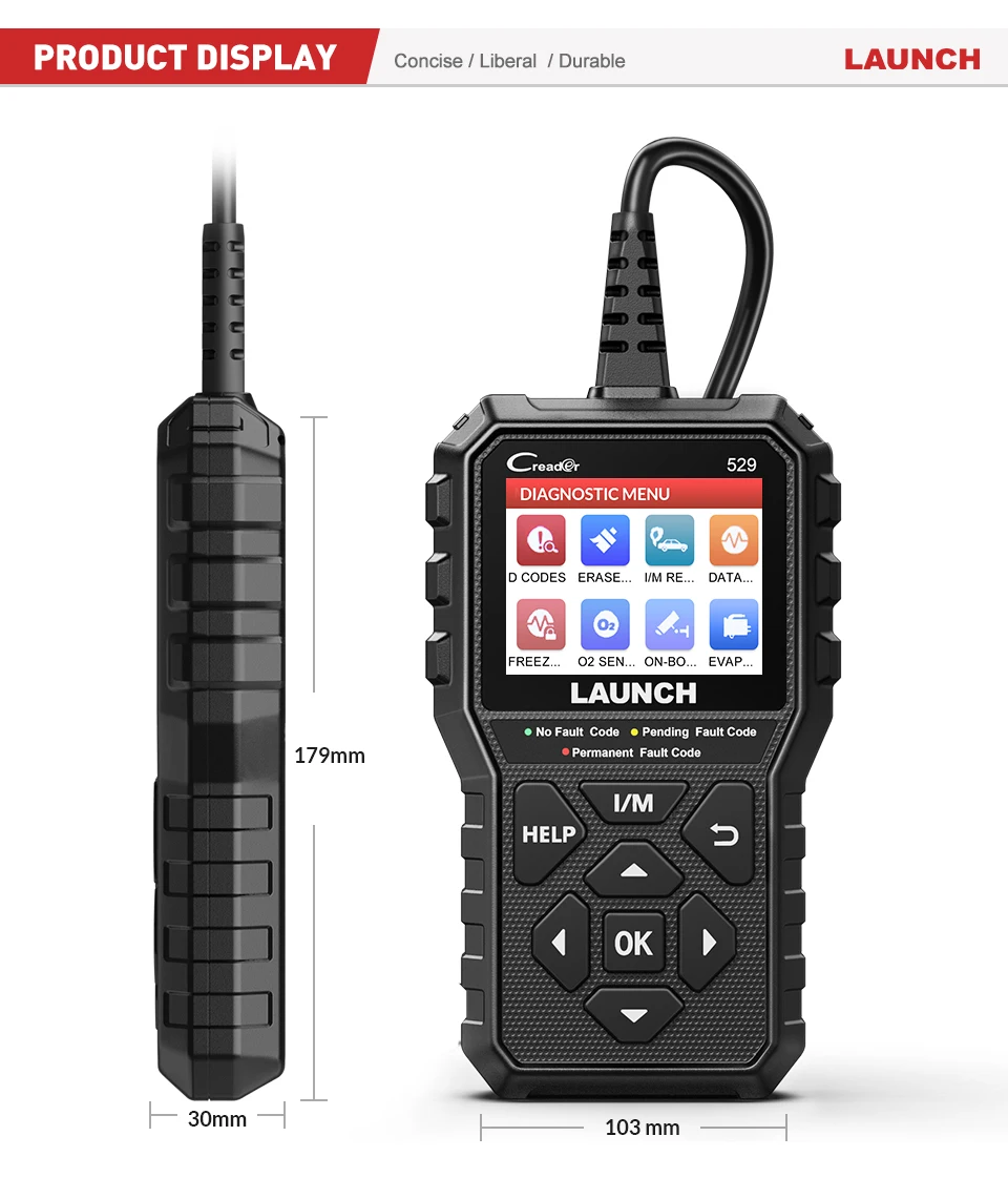 Hbd3fd5f13a5249fdb6b73abd267c7d13vwebp - speedXperts Rugged handheld vehicle diagnostic scanner with color display and keypad; probe on the left; device shown with 179 mm by 103 mm dimensions.