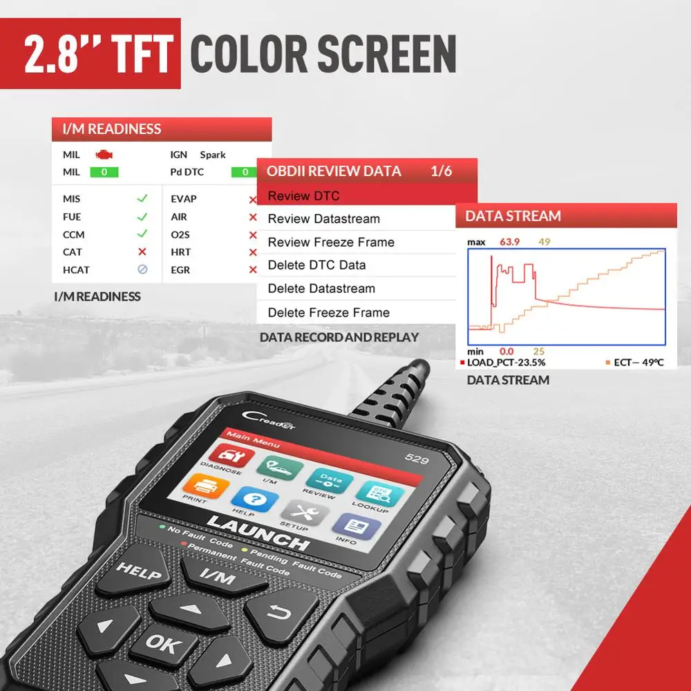 Hdb757a001ead49b5ac2f766f08672435awebp - speedXperts Handheld automotive diagnostic scanner with a 2.8-inch color TFT screen showing system readiness and data graphs on a road background.