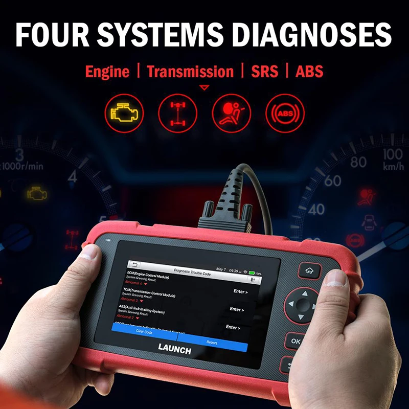 Hdf970748f830452e8bb60629c7e78aadtwebp - speedXperts Red handheld car diagnostic scanner displaying system checks for Engine, Transmission, SRS, and ABS as the user holds it up against a dark dashboard background.