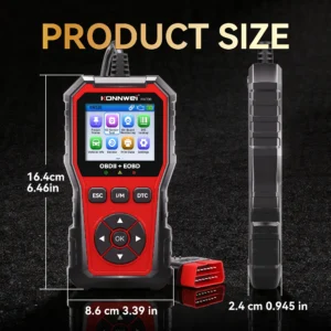 S09b540ac3a4f4cf0bd9efdc6a32bfa2aBwebp - speedXperts KONNWEI KW330 OBDII/EOBD handheld scanner in a red rugged case with measurement lines showing its size.