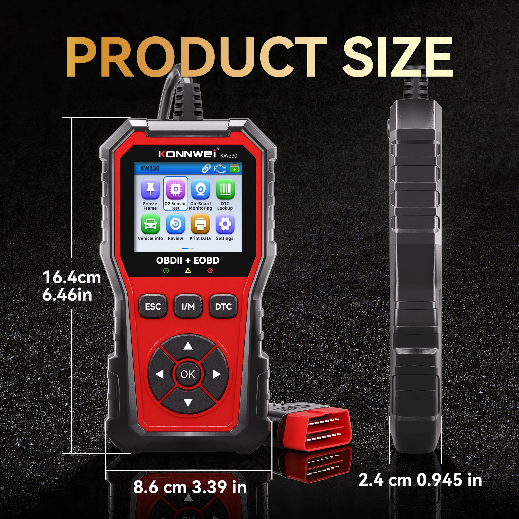 S09b540ac3a4f4cf0bd9efdc6a32bfa2aBwebp - speedXperts KONNWEI KW330 OBDII/EOBD handheld scanner in a red rugged case with measurement lines showing its size.