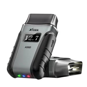Handheld breathalyzer with mouthpiece on the right, digital display reading 12.7, and multicolor indicator lights on the base.