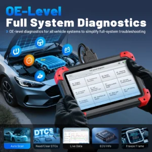 Technician holding a rugged diagnostic tablet showing full-system diagnostics over a car engine bay background