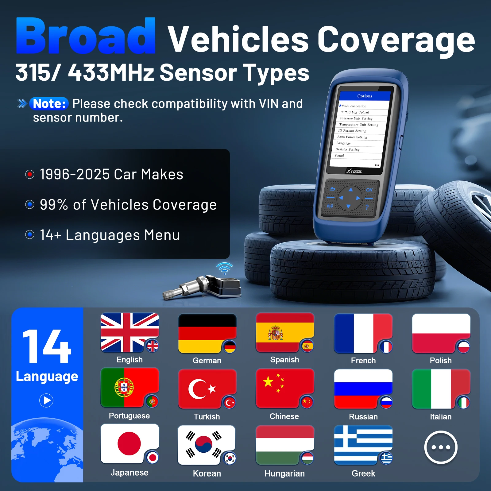 S0d955c80b1a645f18f08f3a44ce6dd87ywebp - speedXperts Promotional banner for a vehicle diagnostic app showing a blue handheld scanner beside stacked tires and a grid of language flags (14 languages).