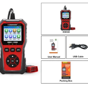Product layout for KW330 car OBD2 scanner: large left image of the red handheld scanner, with right-side grid showing main KW330 device, User Manual, USB Cable, and Packing Box within bordered panels.