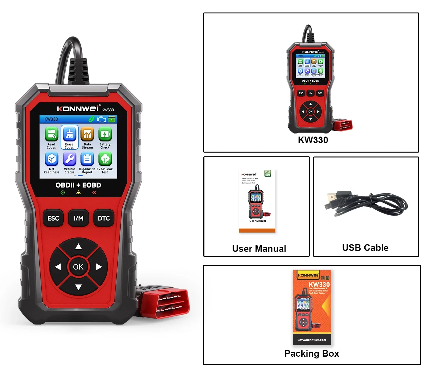 S19d03fa28af14dceb131e8102e922bffswebp - speedXperts Product layout for KW330 car OBD2 scanner: large left image of the red handheld scanner, with right-side grid showing main KW330 device, User Manual, USB Cable, and Packing Box within bordered panels.