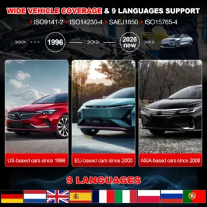 Banner promoting wide vehicle coverage and nine-language support with three country-based car cards (US, EU, Asia) and a row of flags below.