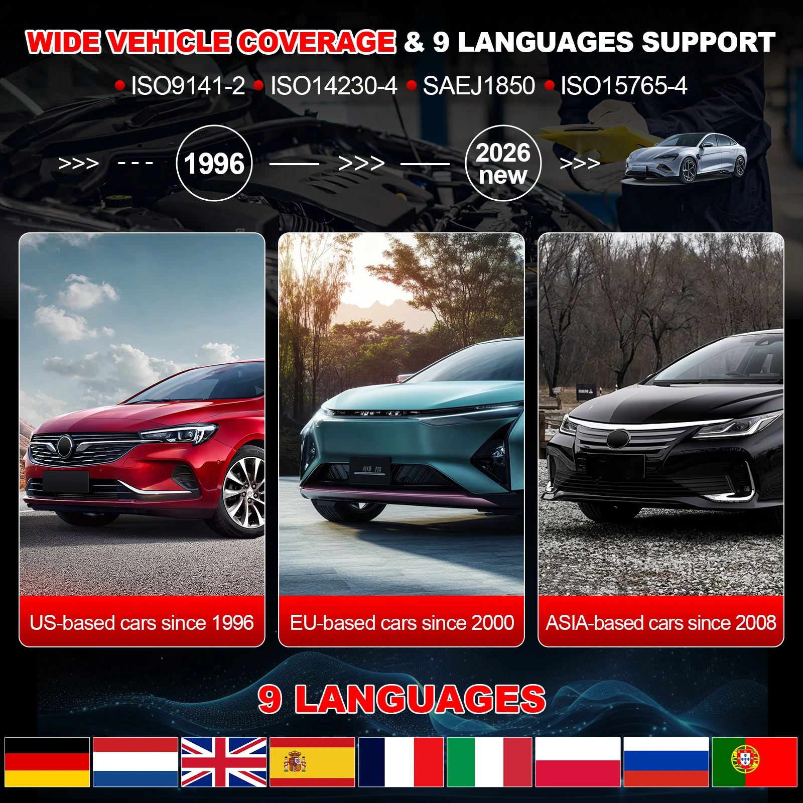 S1ed1355ffd744f1fb14fe97540544b05qwebp - speedXperts Banner promoting wide vehicle coverage and nine-language support with three country-based car cards (US, EU, Asia) and a row of flags below.