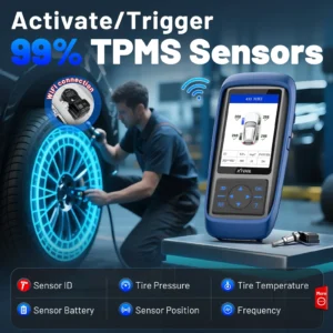 S1f3349286bd2403dade18c8bb3b893a2Hwebp - speedXperts Technician working on a car tire with a blue-lit wheel while a handheld TPMS device displays tire data nearby.