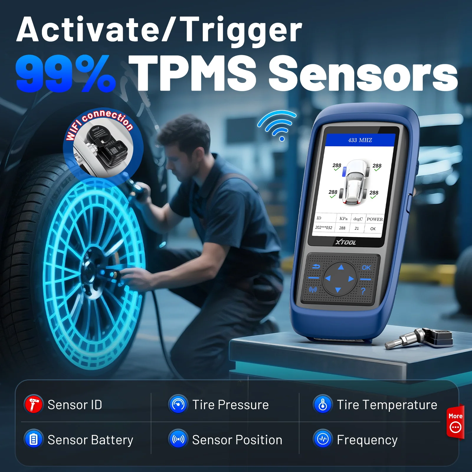 S1f3349286bd2403dade18c8bb3b893a2Hwebp - speedXperts Technician working on a car tire with a blue-lit wheel while a handheld TPMS device displays tire data nearby.