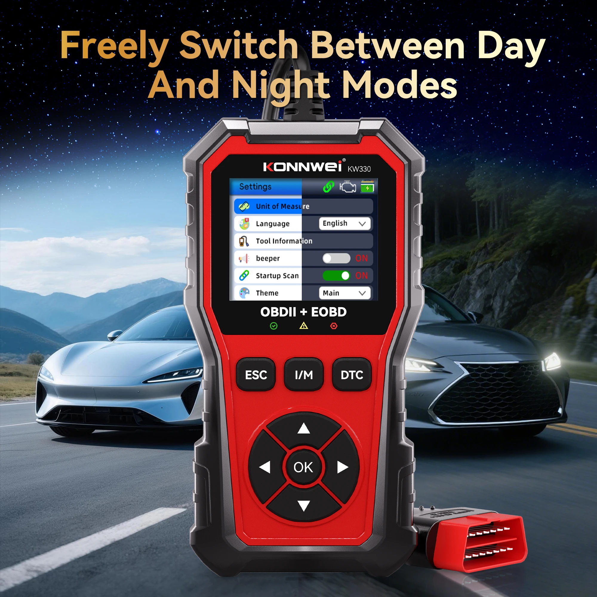 S2036af8657d34651882b74699beb6be9uwebp - speedXperts Red handheld OBDII/EOBD scanner with a color display showing settings, ready for car diagnostics, set against a starry sky and parked cars in the background.