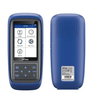 Blue handheld TPMS diagnostic device with touch screen showing grid of icons and a directional keypad below; back shows vented grip and label area on blue casing.