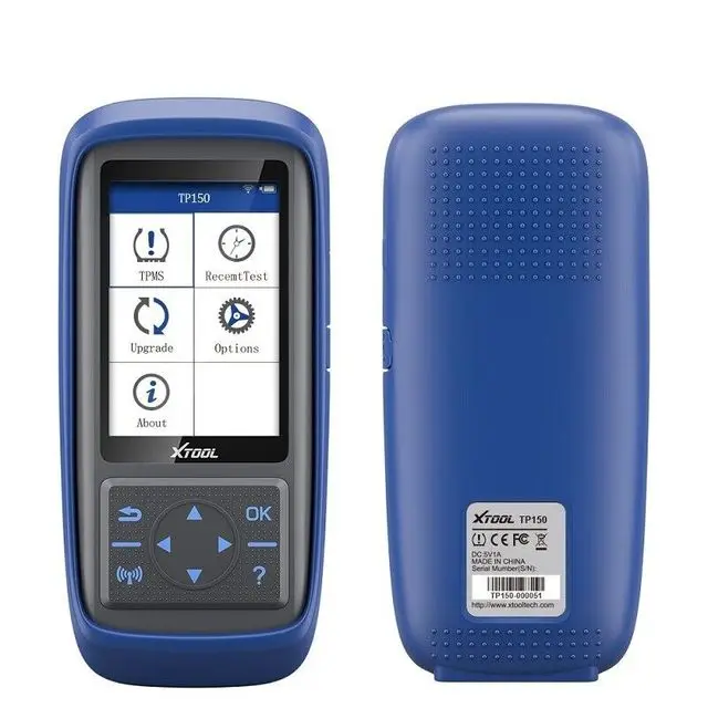S210461f9400c401c9ab6bea64a9151echwebp - speedXperts Blue handheld TPMS diagnostic device with touch screen showing grid of icons and a directional keypad below; back shows vented grip and label area on blue casing.