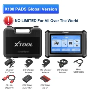 S293b4bed16af4863864e4ff6af33685fCwebp - speedXperts Xtool X100 PADS Global Version diagnostic kit with two rugged units and multiple adapters and cables laid out.