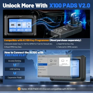 S2c5cf9a9bc7e4bb486c449d545b6bb45Dwebp - speedXperts Banner showcasing X100 PADS V2.0 promo with KC100 key programmer and dashboard interface in a car environment.