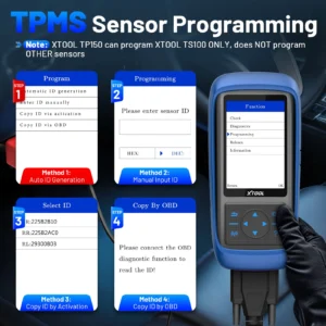 S31715ac4de2344d190f500201d872424Fwebp - speedXperts Banner about TPMS Sensor Programming showing Step 1 to Step 4 cards and an XTOOL diagnostic device on the right side.