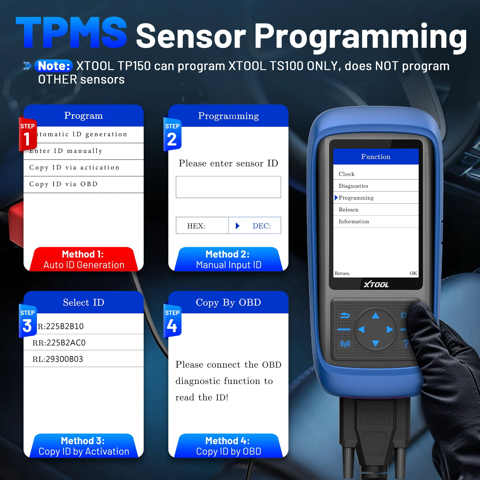S31715ac4de2344d190f500201d872424Fwebp - speedXperts Banner about TPMS Sensor Programming showing Step 1 to Step 4 cards and an XTOOL diagnostic device on the right side.