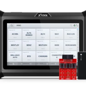 Rugged black diagnostic tablet showing car-brand diagnosis tiles (ACURA, ALFA ROMEO, AUDI, etc.) with XTOOL logo; red adapters in front.