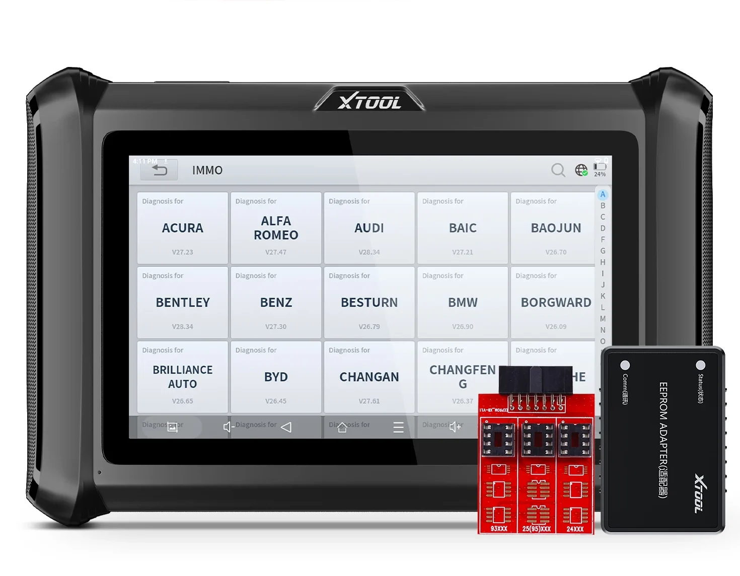 S36f674a8df994e5ca55301f1c966d084Fwebp - speedXperts Rugged black diagnostic tablet showing car-brand diagnosis tiles (ACURA, ALFA ROMEO, AUDI, etc.) with XTOOL logo; red adapters in front.