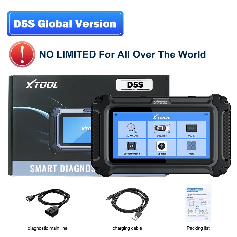 S45b2fb5e24884371ac4cd5de3ca0a32dBwebp - speedXperts D5S global version diagnostic tablet with blue UI, box, cables, and quick start guide displayed for car diagnostics.